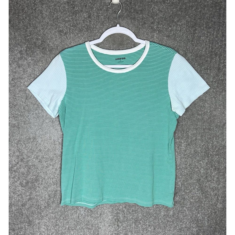 Lands End Top Womens Size Large 14-16 White‎ Green Blue Striped Short Sleeve
